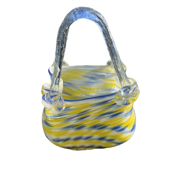 Hand-Blown Murano Glass Basket Lamp With Yellow & Blue Swirls - Unique Home Deco - Picture 3 of 8